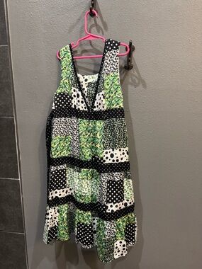 Black, White & Green Patchwork Polka Dot Girls Dress